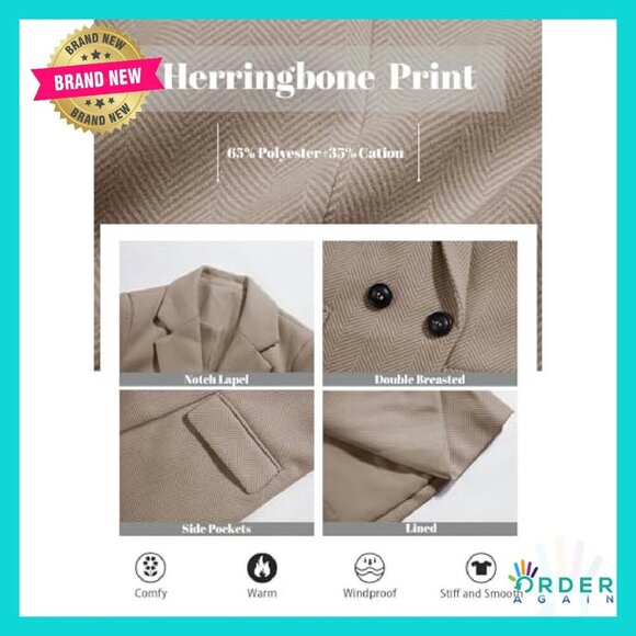 Notch Lapel Double Breasted Trench Coat Peacoat Long Blazer Jacket Classic Chic - Picture 6 of 8